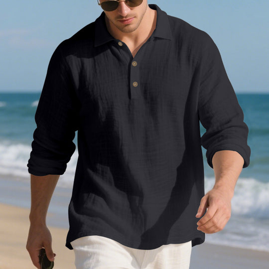 Herren lässiges Langarm-Polohemd mit strukturierten Details und hochwertigen Knöpfen EB