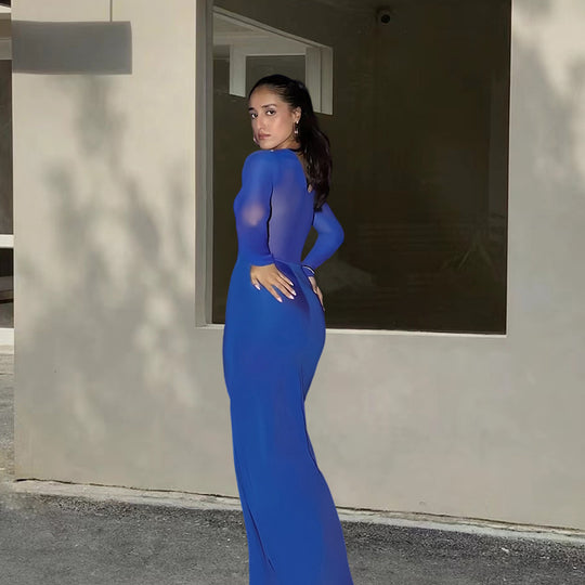Damen Elegantes Maxikleid mit transparenten Ärmeln und raffinierter Drapierung EB