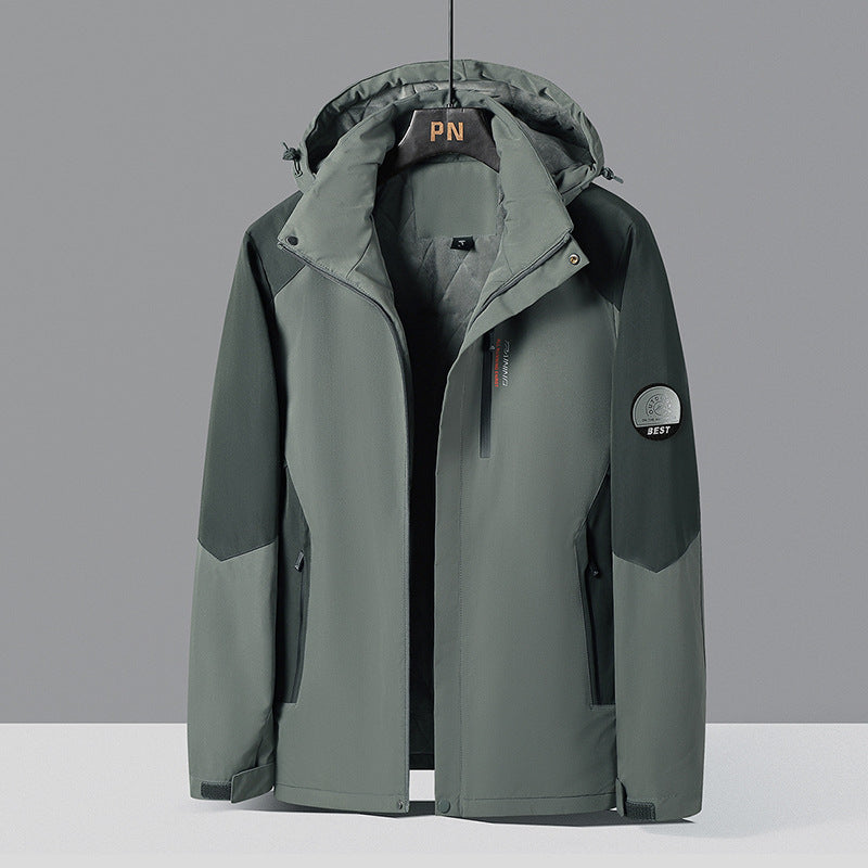 Herren zweifarbige Softshell-Outdoorjacke mit winddichter Membran, verstellbarer Kapuze und verdeckter Brusttasche EB