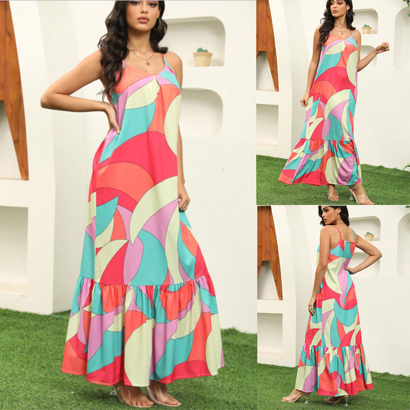 Damen Maxikleid mit farbenfrohem Mustermix und voluminösem Rock EB
