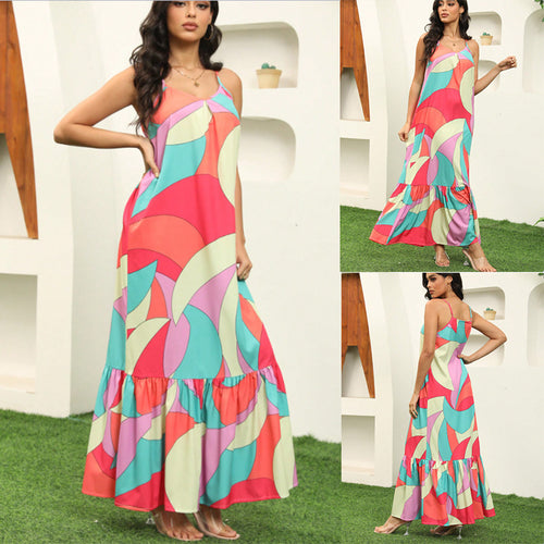 Damen Maxikleid mit farbenfrohem Mustermix und voluminösem Rock EB