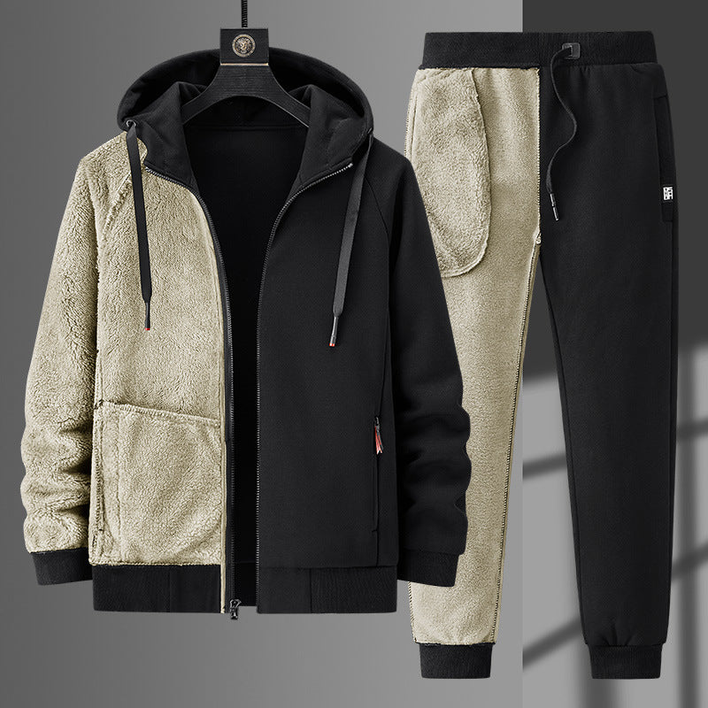 Herren Fleecegefüttertes Zip-Hoodie und Jogginghose Set mit Teddyfutter EB
