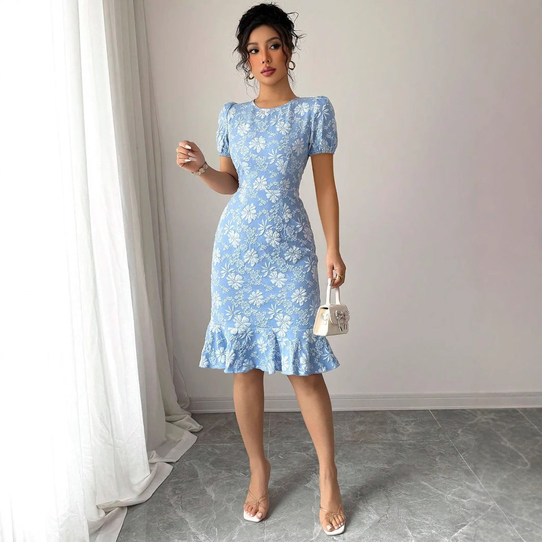 Damen Blumenspitze Midi-Kleid mit Rüschensaum EB