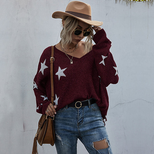 Damen lässiger Strickpullover mit asymmetrischem Schnitt und Sternenmuster EB