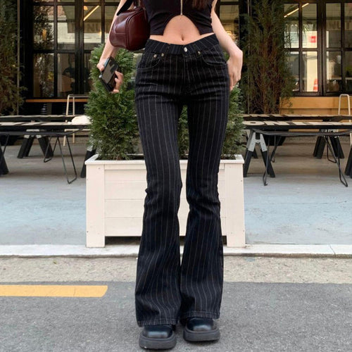 Damen Schlagjeans mit vertikalen Streifen und hohem Taillenbund EB
