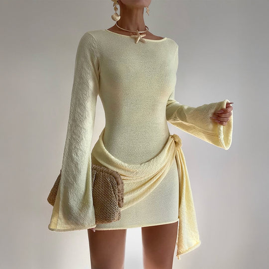 Damen nan elegantes Terry-Minikleid mit taillierter Silhouette, langen Ärmeln und seitlicher Drapé-Schleife EB