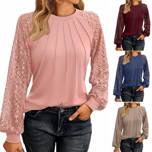 Damen Elegantes Oberteil mit dekorativen Spitzenärmeln und gerafftem Detail EB