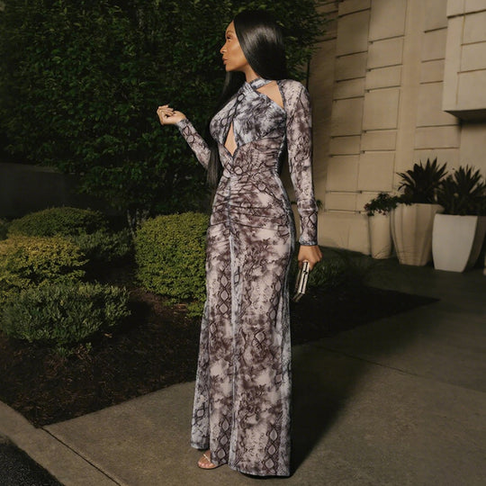 Damen Schlangehaut Maxikleid mit raffiniertem Schnitt und Deep-V-Ausschnitt EB