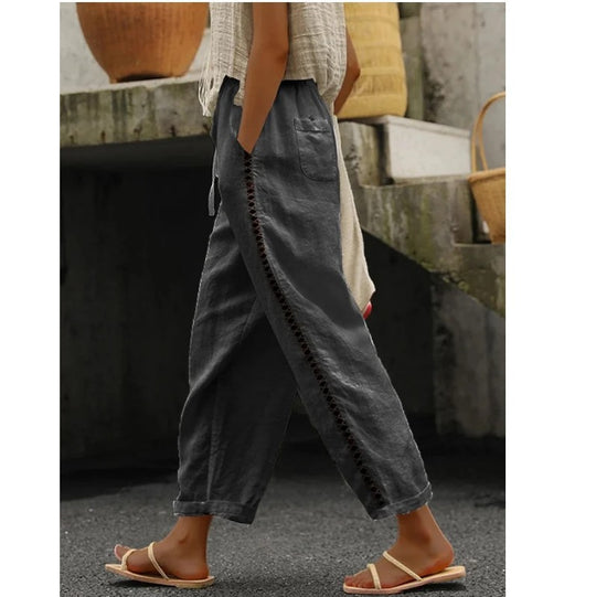 Damen lässige Leinen-Palazzo-Hose mit elastischem Bund und seitlichen Taschen EB