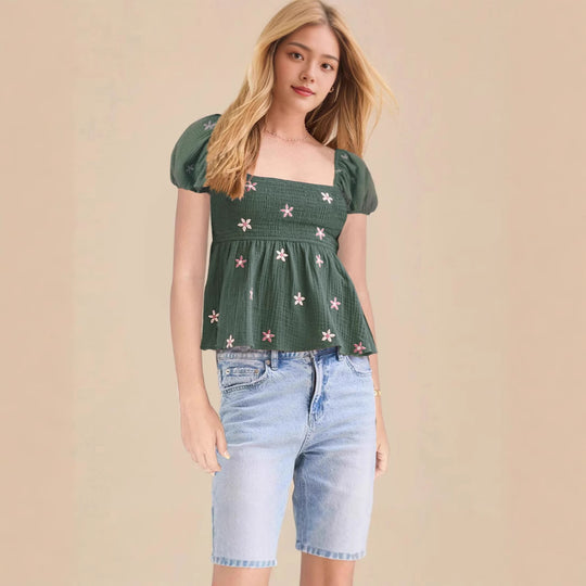 Damen Puffärmel Blusenshirt mit elastischem Bund EB