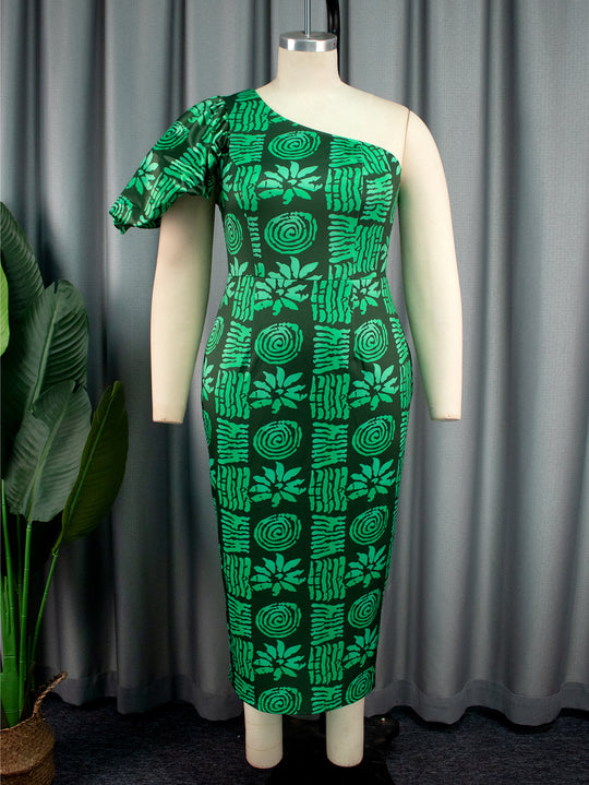 Damen körpernahe Midi-Kleid mit asymmetrischem Schnitt und voluminösen Puffärmeln EB