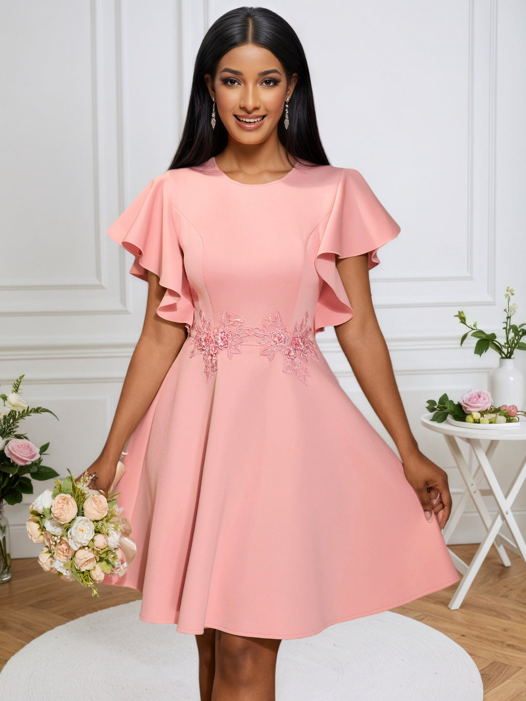 Damen Chic Volantkleid mit floralen Applikationen EB