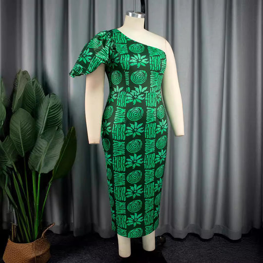 Damen körpernahe Midi-Kleid mit asymmetrischem Schnitt und voluminösen Puffärmeln EB