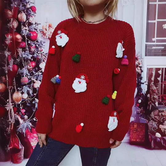 Damen Weihnachts-Pullover mit festlichem Santa-Motiv und strukturierter Strickqualität EB