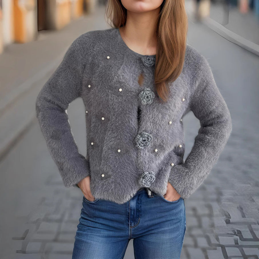 Damen Strickjacke mit floralen Applikationen und perlverzierter Detail EB