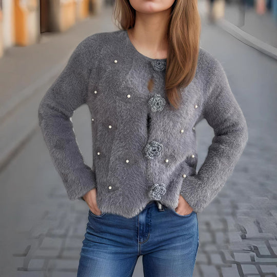 Damen Strickjacke mit floralen Applikationen und perlverzierter Detail EB