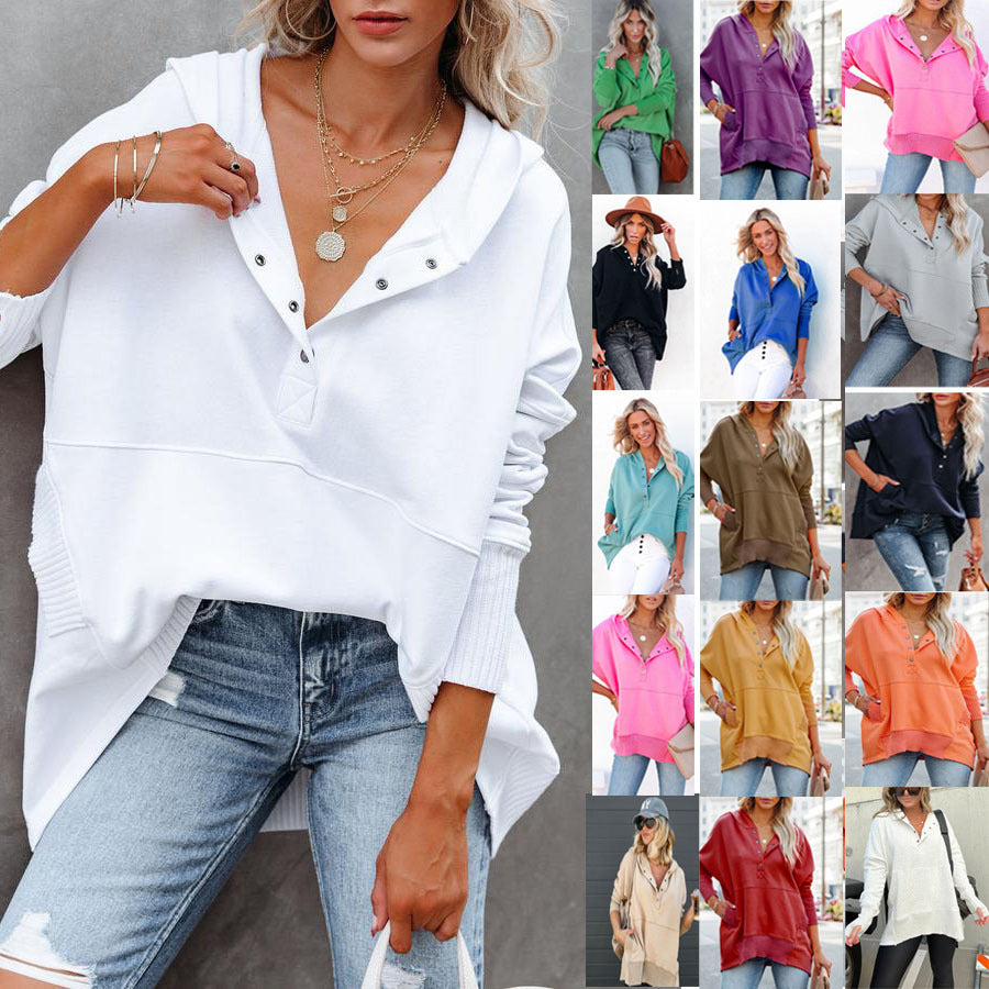 Damen lässiger Kapuzenpullover mit Knopfleiste und Kängurutasche EB