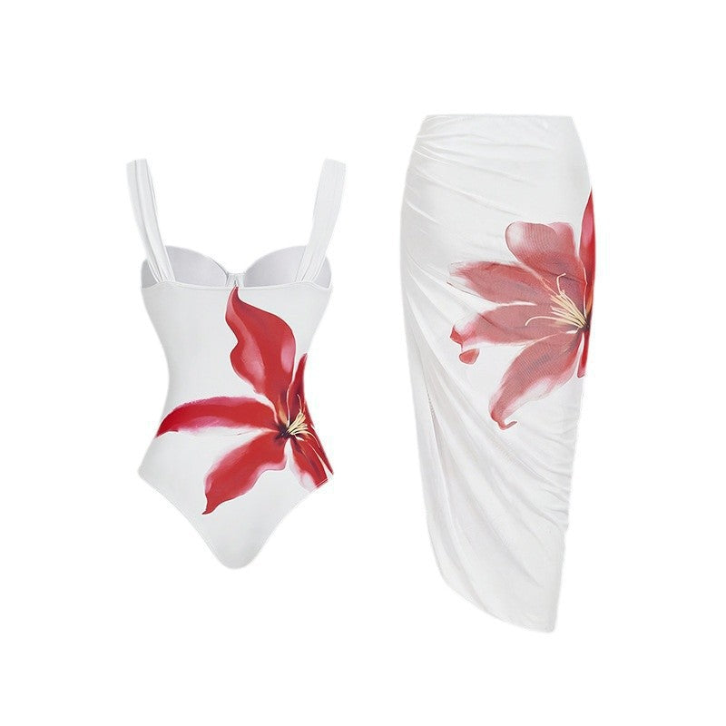 Damen Eleganter Badeanzug mit floralem Design und passendem Rock EB
