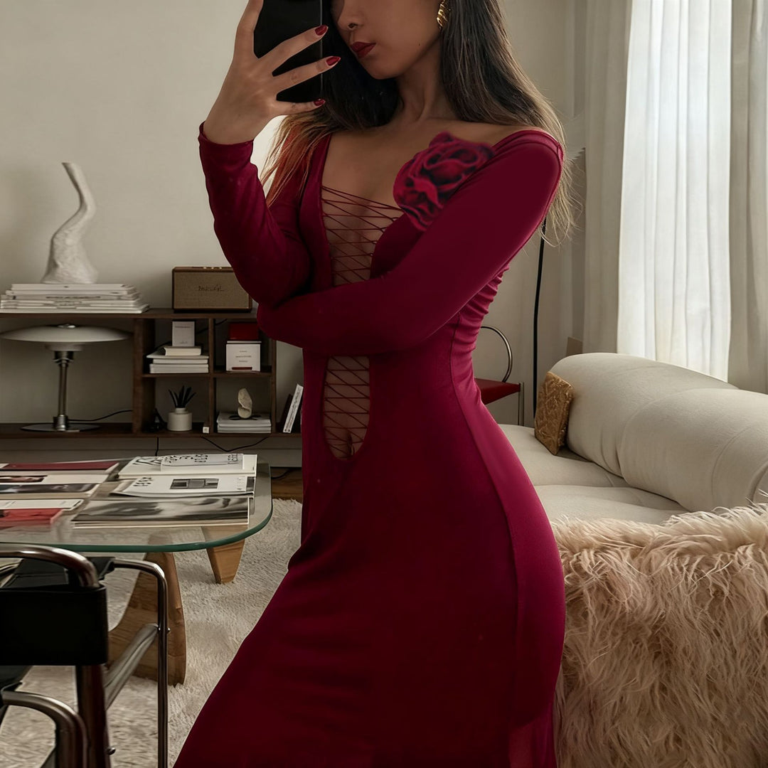 Damen figurbetontes Maxikleid mit Schnürung und floralem Detail EB
