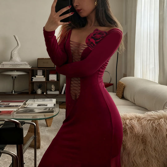 Damen figurbetontes Maxikleid mit Schnürung und floralem Detail EB