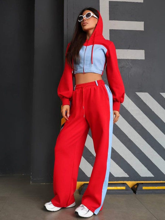 Damen sportliches Set mit cropped Kapuzenjacke und weitem Hosen EB