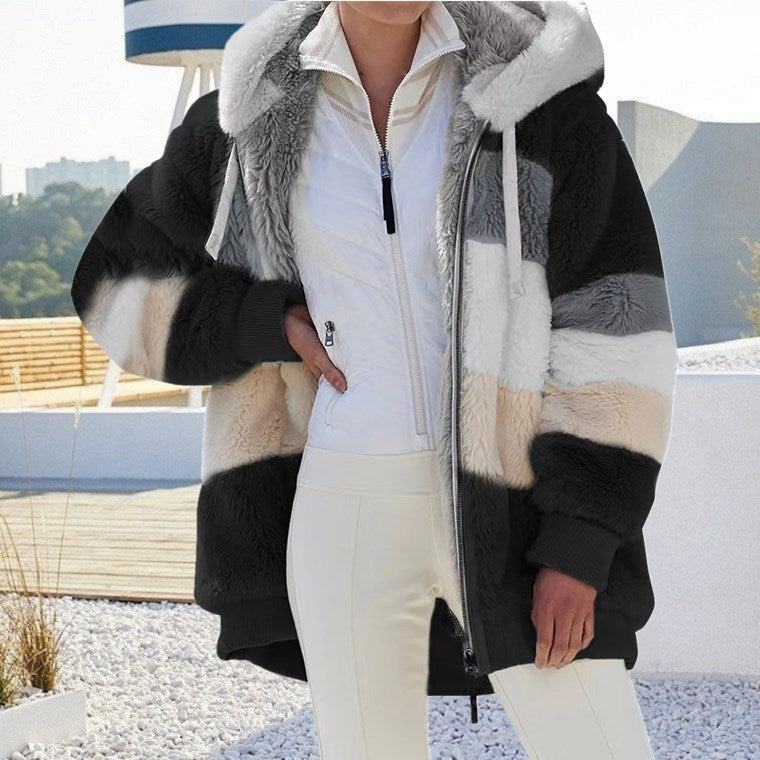 Damen nan Oversize Teddyfell-Kapuzenjacke mit Farbblock-Streifen, hochwertigem Reißverschluss und gerippten Bündchen EB