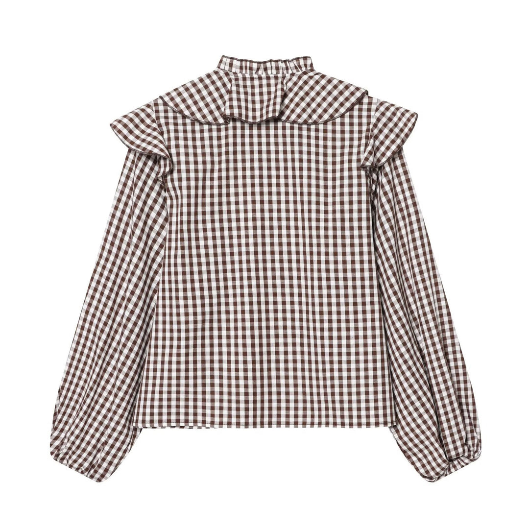 Damen Rüschenshirt mit klassischen Karomuster und eleganten Bindebändern EB