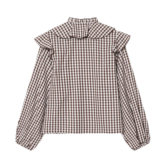 Damen Rüschenshirt mit klassischen Karomuster und eleganten Bindebändern EB