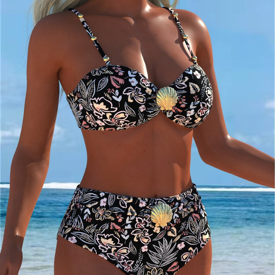Damen Balconette-Bikini mit hohem Taillen-Schnitt und dekorativem Muschel-Detail EB