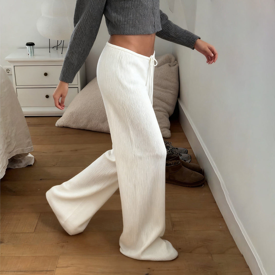 Damen nan lässige Lounge-Hose mit weitem Bein, elastischem Tunnelzugbund und feinem Rippstrick EB