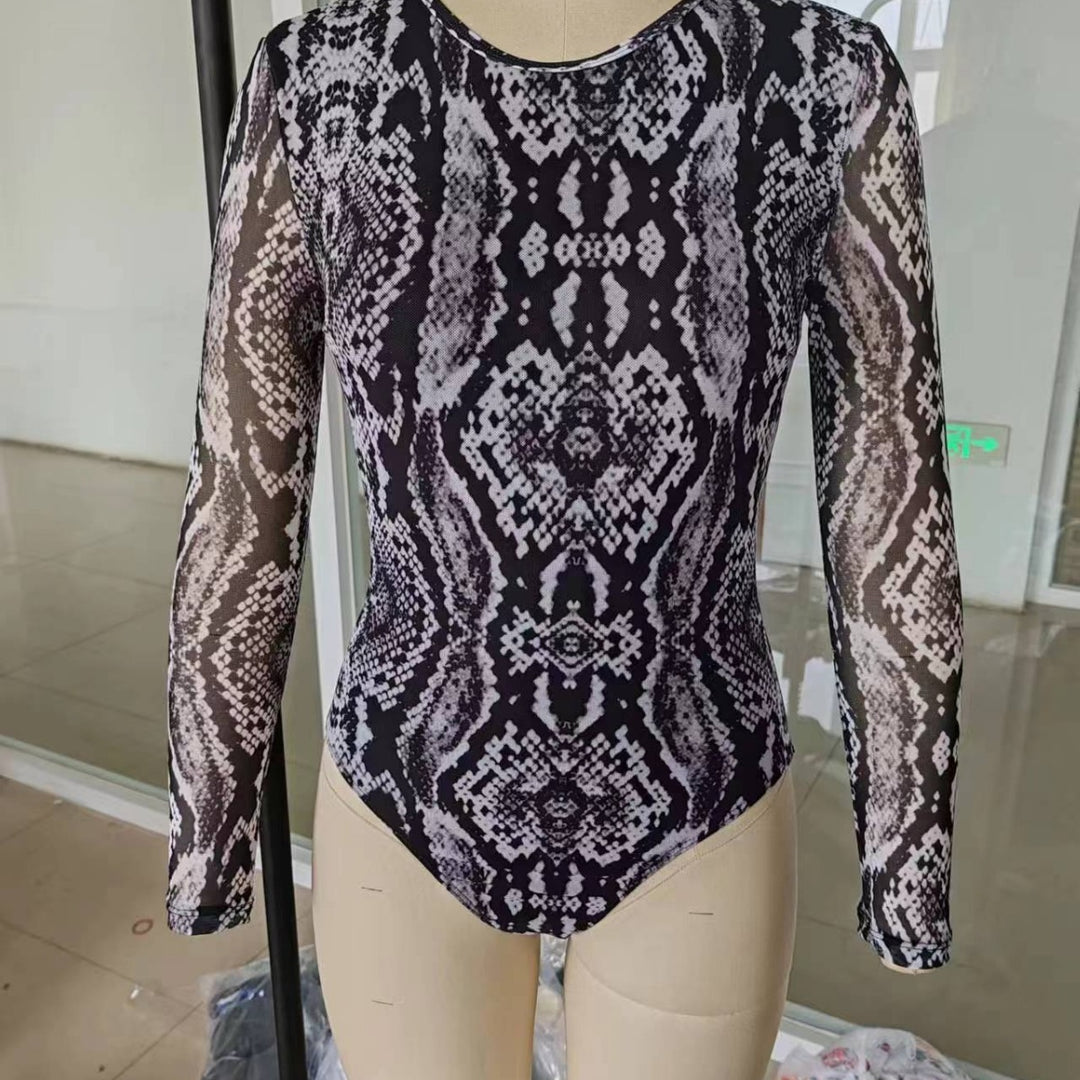 Damen Langarm Körperbadeanzug mit Schlangenprint EB