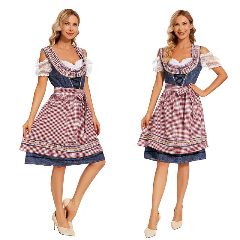 Damen nan traditionelles Trachtenkleid mit Schnürmieder, Spitzenärmeln und karierter Schürze EB