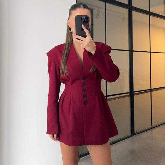 Damen trendiges Blazer-Kleid mit strukturierten Schultern und tiefem V-Ausschnitt EB