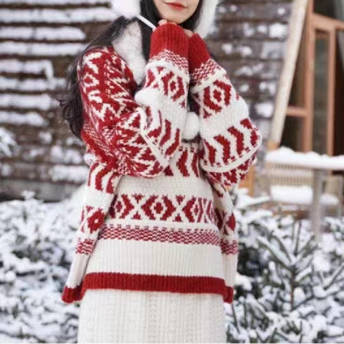 Damen gemütlicher Norwegerpullover mit dekorativem Muster und voluminösen Ärmeln EB