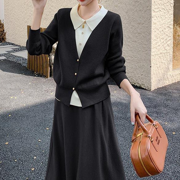 Damen Strickensemble mit eleganter Blusenoptik und weitem Rock EB