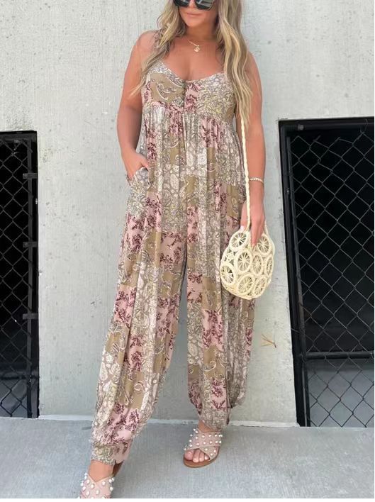 Damen Verspielter Maxijumpsuit mit floralem Muster und praktischen Taschen EB