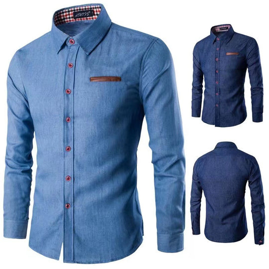 Herren nan Slim-Fit Denim-Hemd mit Brustleistentasche und kariertem Kragenfutter EB