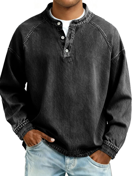 Herren nan verwaschenes Henley-Shirt mit Stehkragen, lockerer Passform und Knopfleiste EB