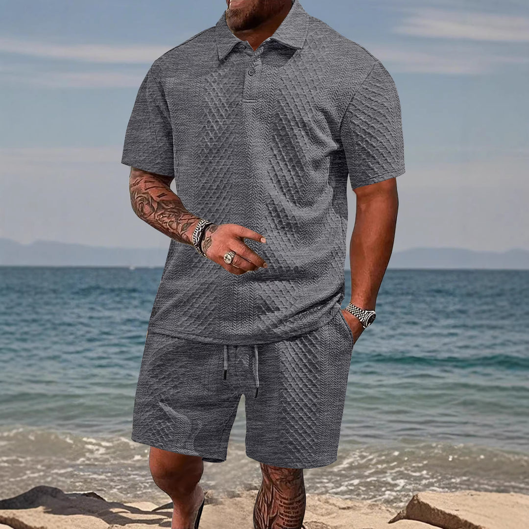 Herren nan geprägtes Strand-Ensemble mit offenem Kurzarm-Hemd und Kordel-Bermuda EB