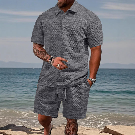 Herren nan geprägtes Strand-Ensemble mit offenem Kurzarm-Hemd und Kordel-Bermuda EB