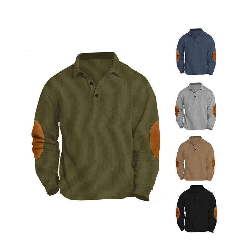 Herren nan legeres Langarm-Poloshirt mit Hemdkragen, kurzer Knopfleiste, feiner Struktur und Velours-Ellenbogenbesatz EB