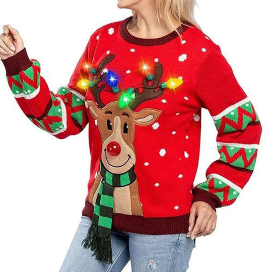 Damen Weihnachtspullover mit leuchtenden Rentier-Motiv EB