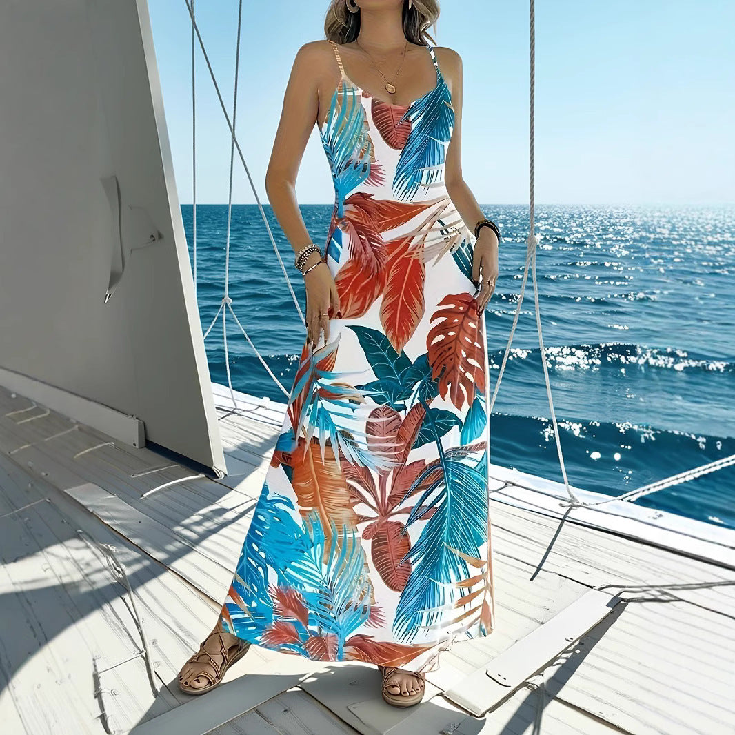 Damen Maxikleid mit tropischem Druck und Trägerdesign EB