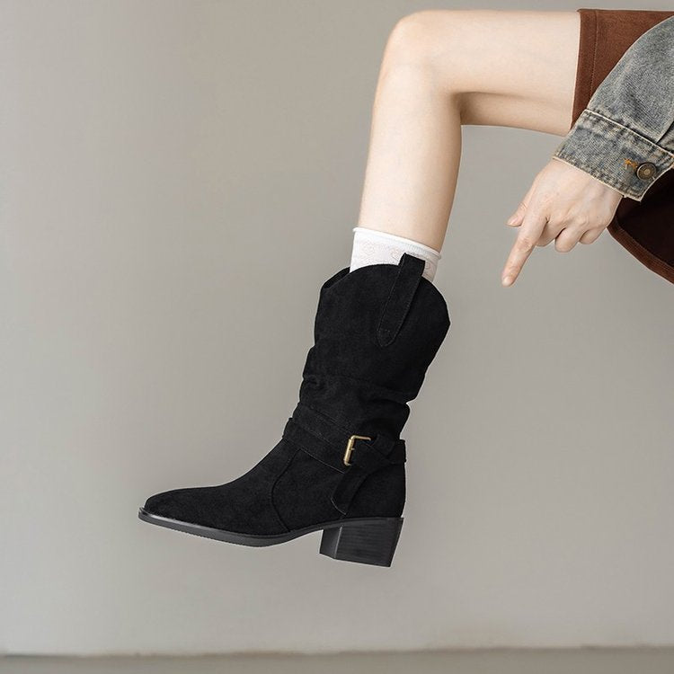Damen Stiefeletten im Western-Stil mit modischem Riemen und Blockabsatz EB