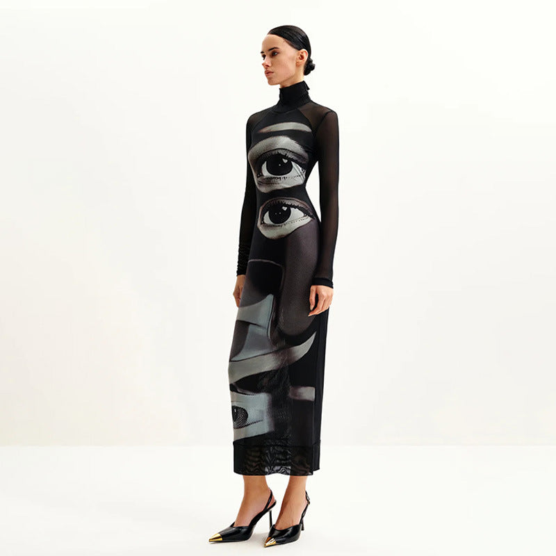 Damen Langarm Maxikleid mit grafischem Muster und hochgeschlossenem Kragen EB