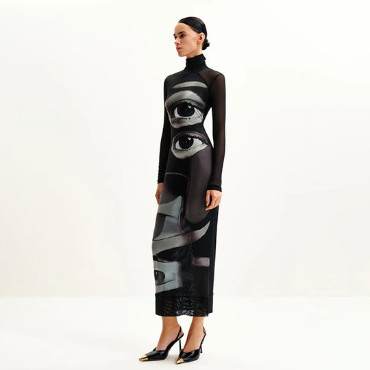 Damen Langarm Maxikleid mit grafischem Muster und hochgeschlossenem Kragen EB