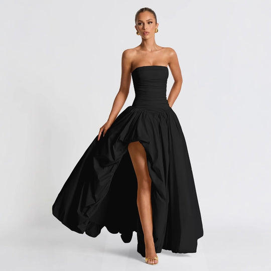 Damen Strapless Ballkleid mit hohem Schlitz und fließendem Rock EB