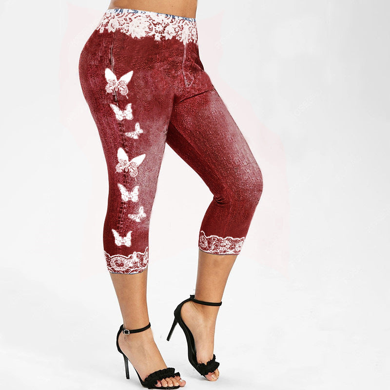 Damen Leggings im Jeans-Look mit einzigartigem Schmetterlingsdesign EB