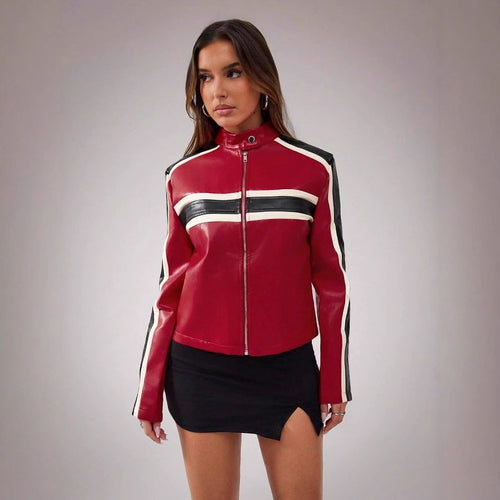 Damen Kunstlederjacke im sportlichen Retro-Design EB