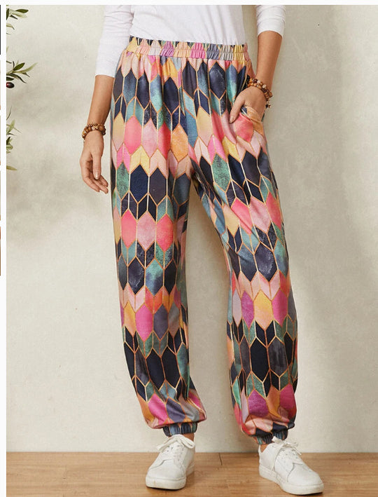 Damen Freizeithose mit modernem geometrischem Muster und elastischem Bund EB